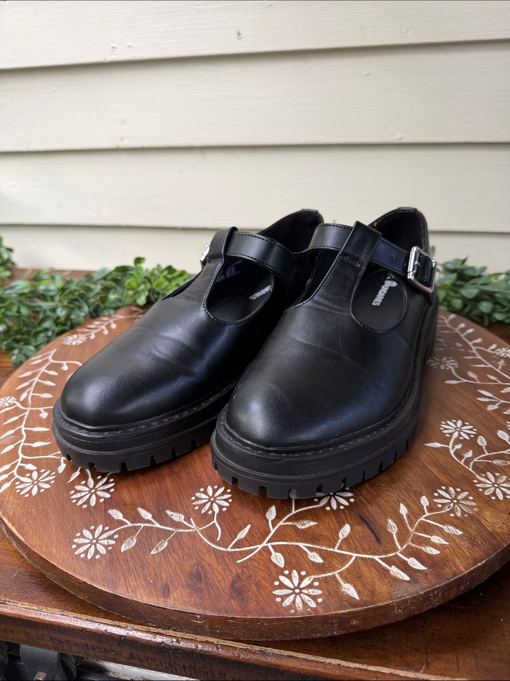 No Boundaries Black Leather Mary Jane Lug Sole Clogs